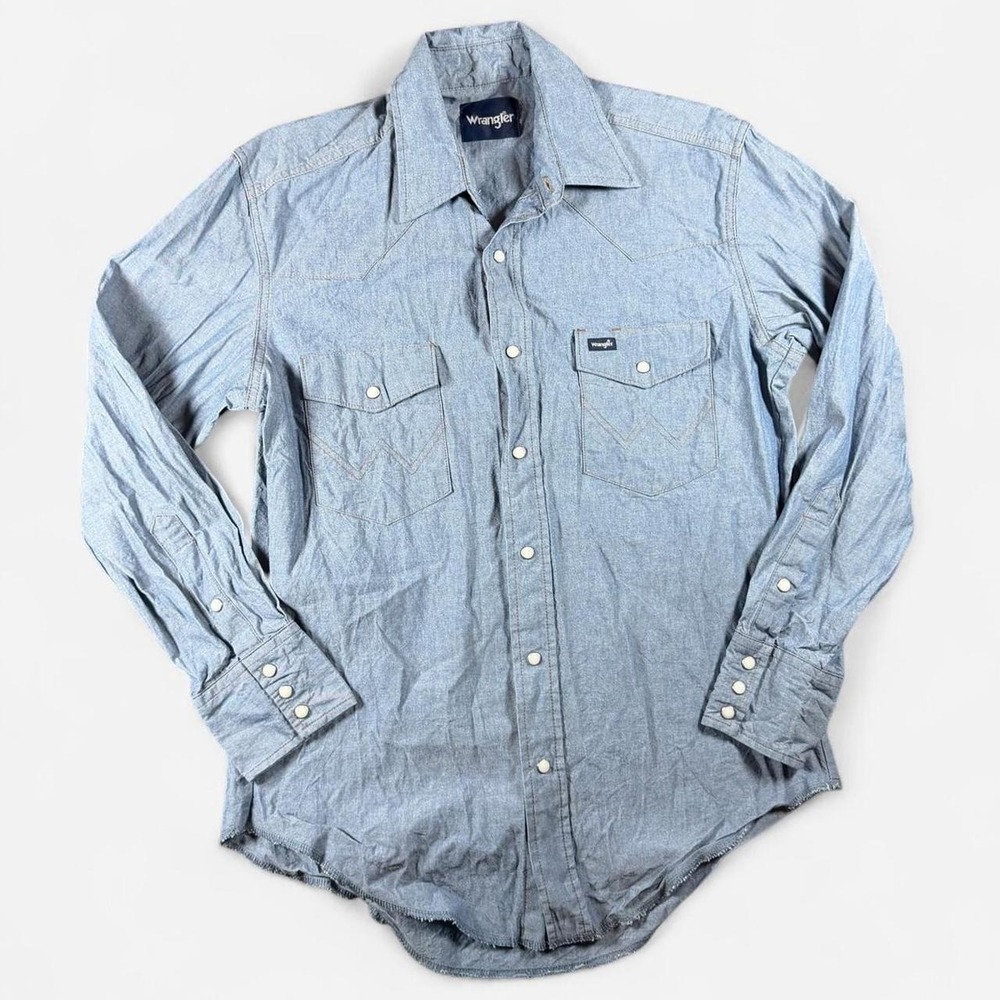 Wrangler Western Light Wash Denim White Pearl Snap Long Sleeve Shirt Size M